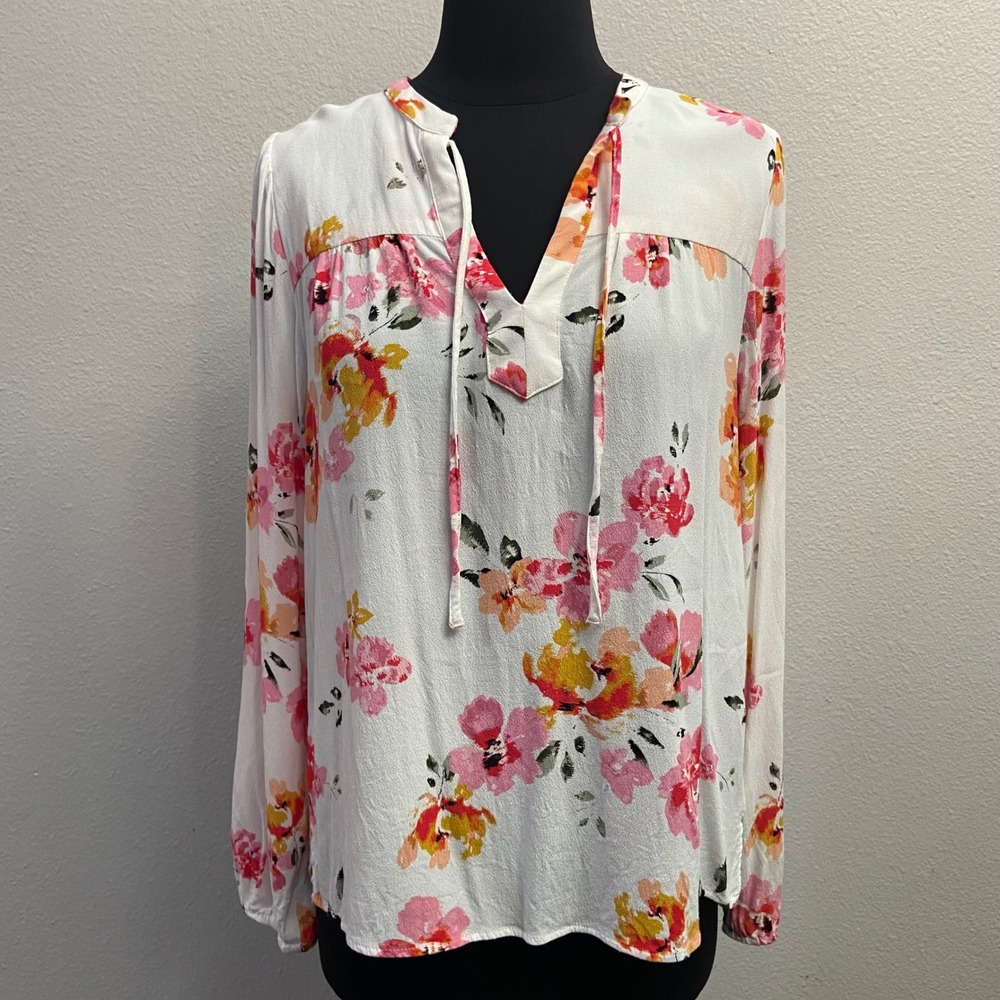 LOFT Women's White Floral Print Long Sleeve Tie Neck‎ Blouse Top Size Medium
